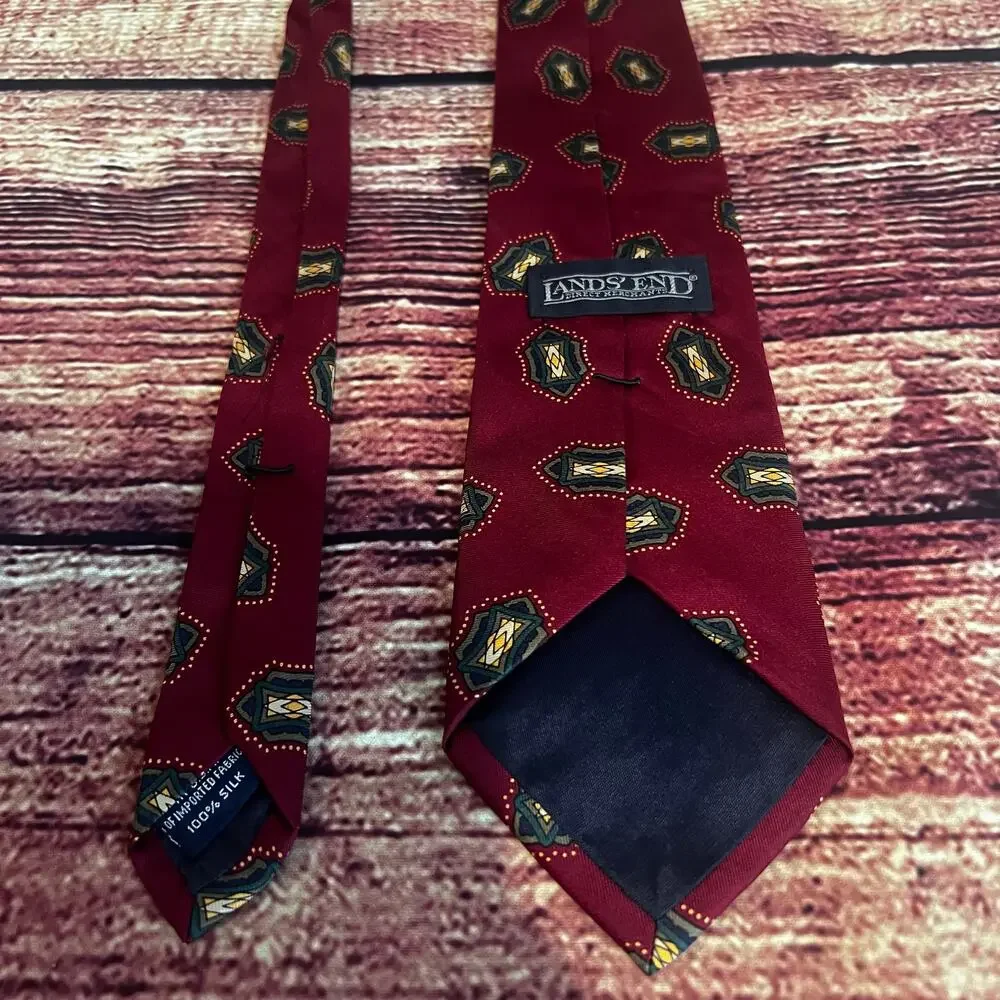 Lands End Direct Merchants 100% Silk Skinny Tie 58x3.5 Red Green Abstract